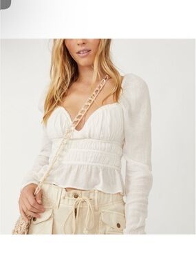Free People Cream Smocked Puff-Sleeve Peplum Crop Top